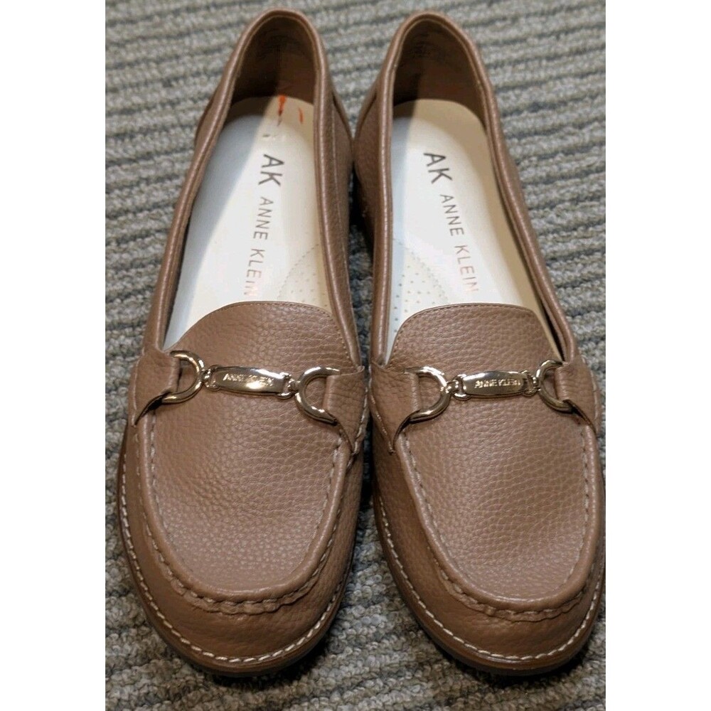 Anne Klein Comfort Leather Driving Mocs Loafer Flats Brown Gold Buckle Size 9.5